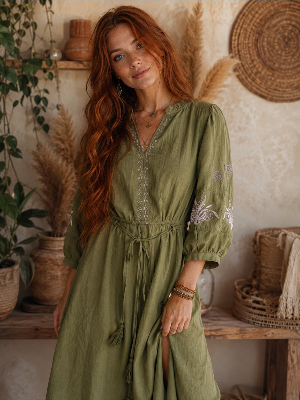 Kings Road Embroidered Boho Tie Waist Midi Dress |  Olive Green | Size Small